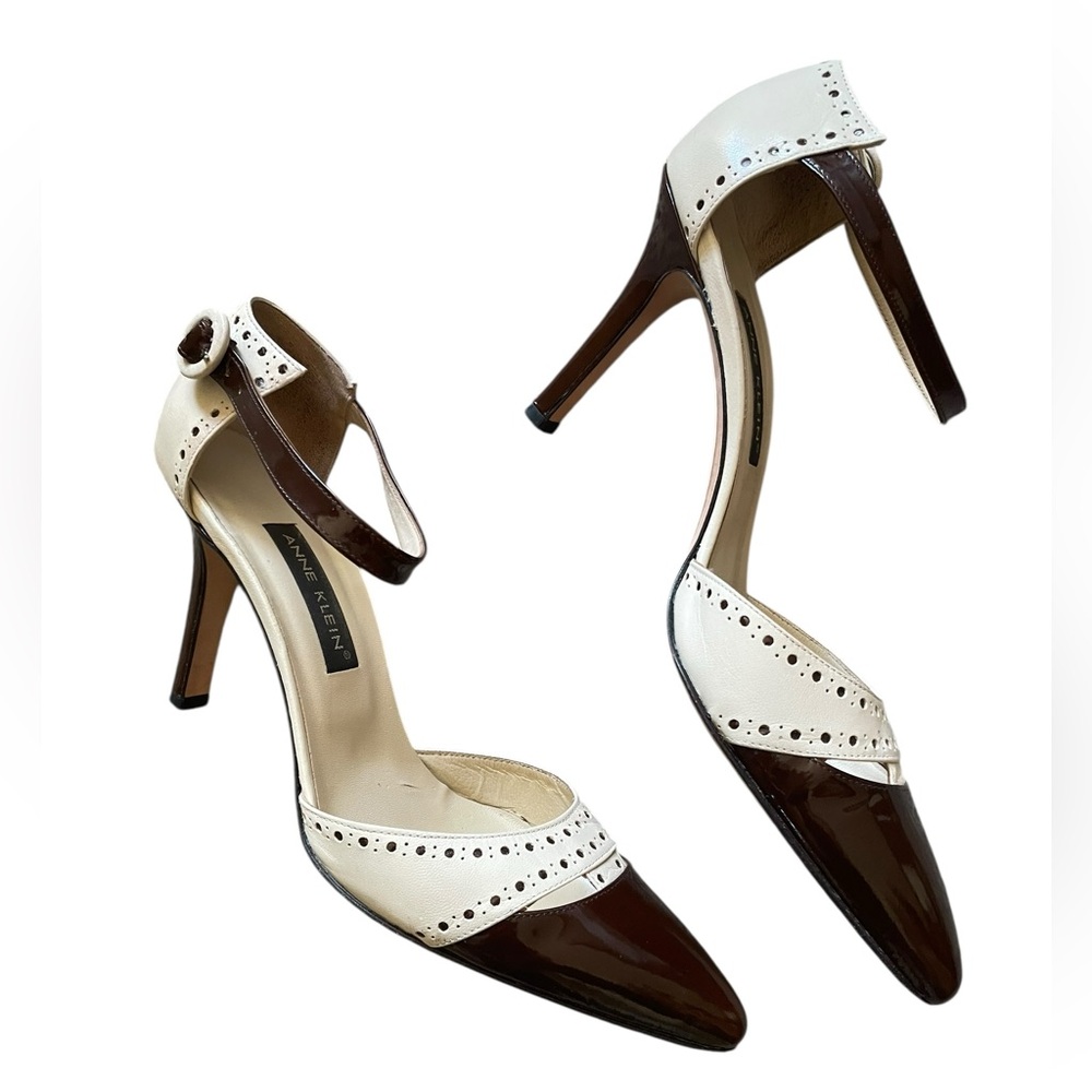 Anne Klein Genuine Leather Brown & Cream Pointed Spectator Ankle-Strap Pumps 8.5 - Picture 8 of 16